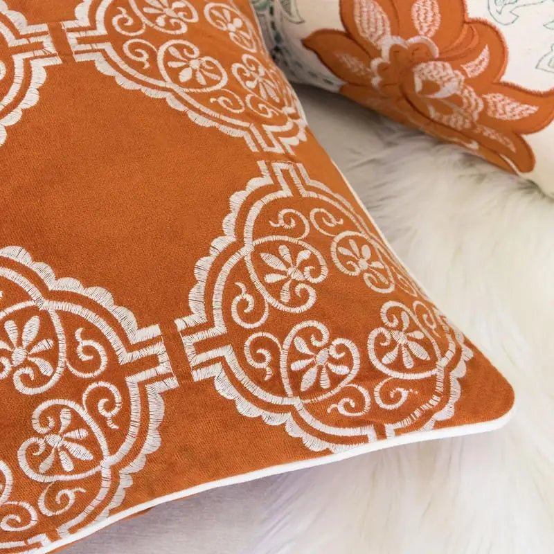 Burnt Orange Damask Embroidered Pillow