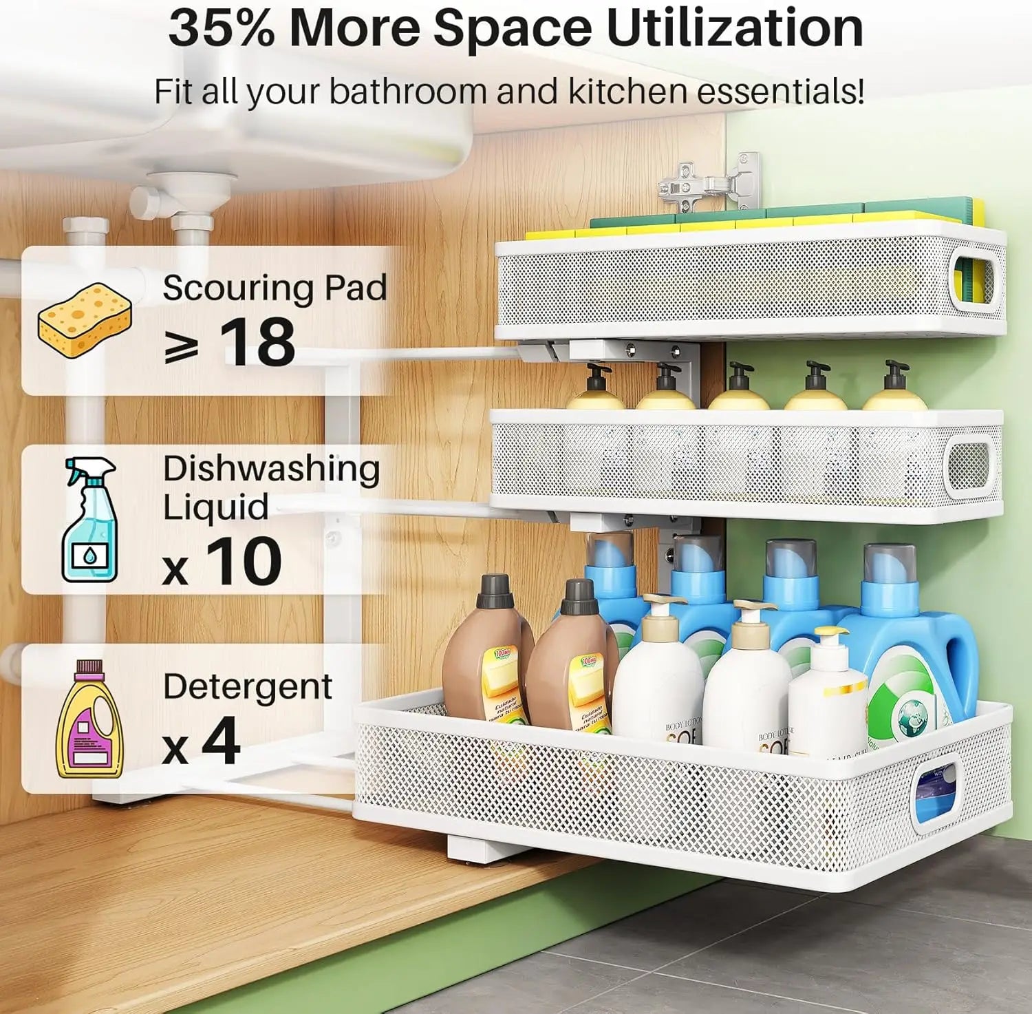 Under Sink Organizer 2 Pack, Metal Pull out, Shelf Slide