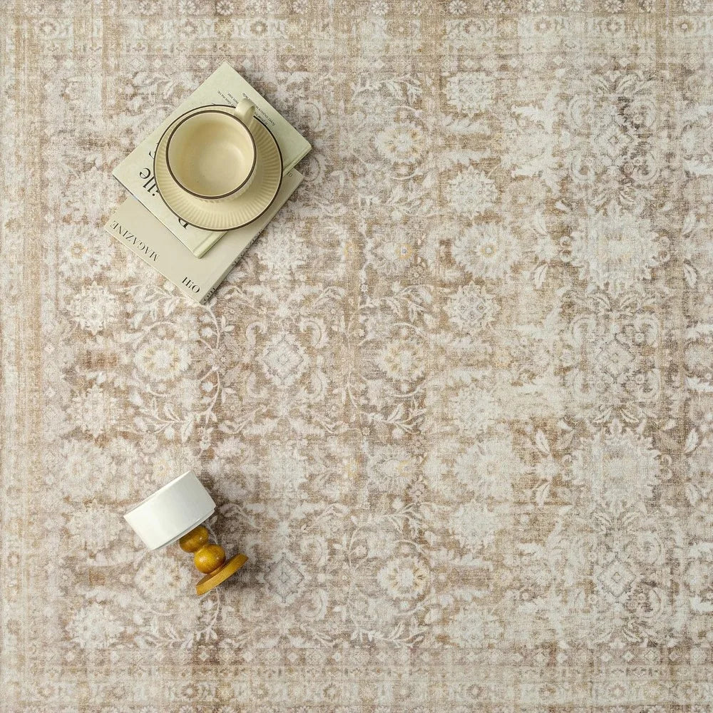 Elegant Beige Floral Washable Low Pile