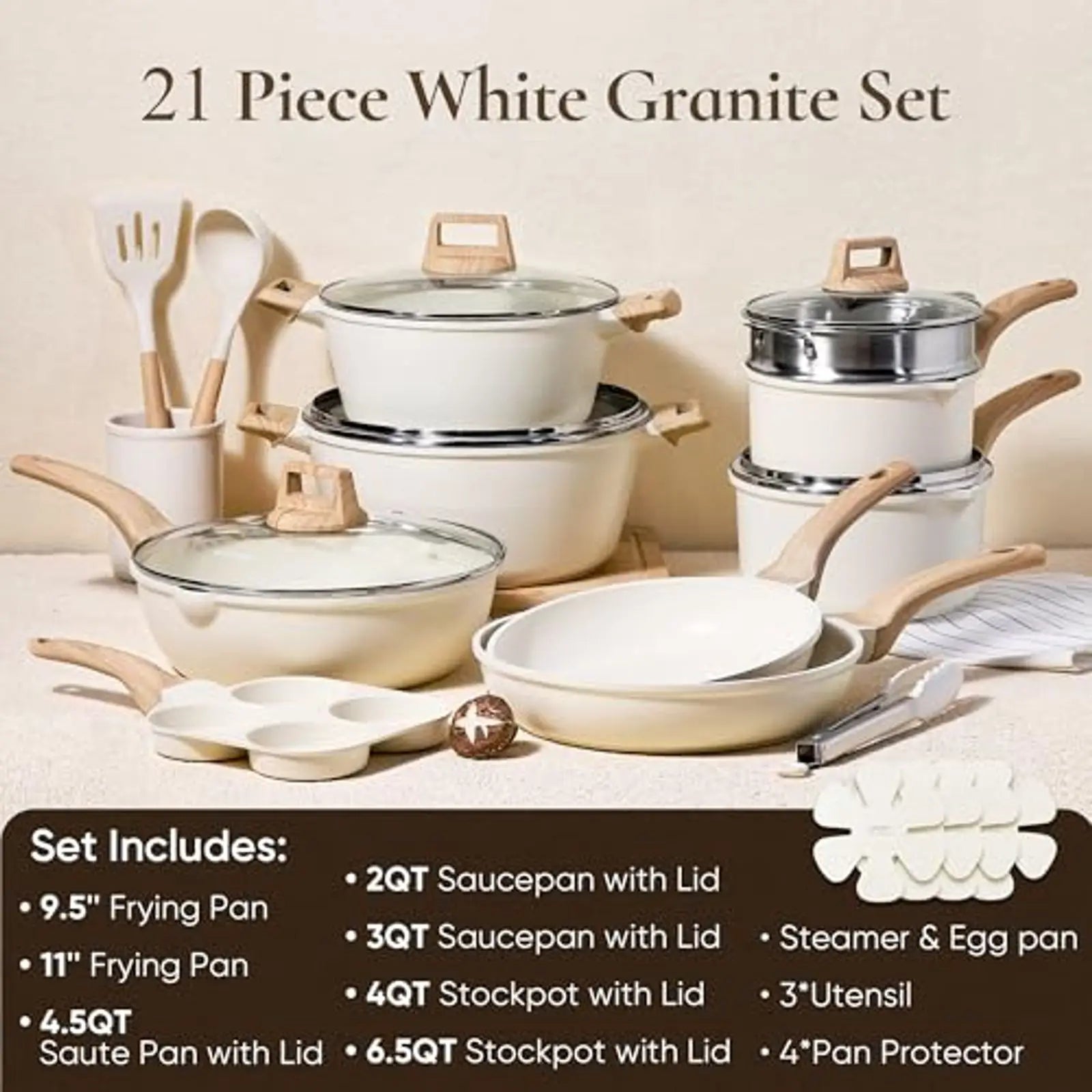 21Pcs Induction Cookware Set Nonstick White Granite