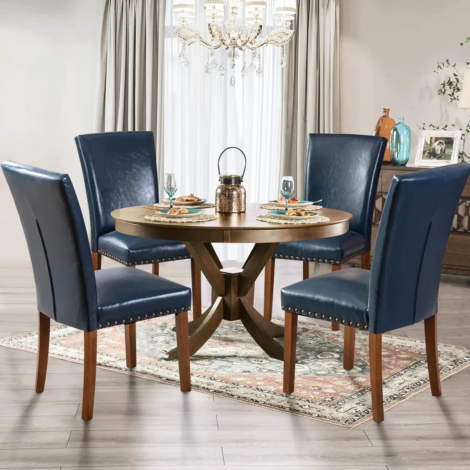 4 Blue Upholstered Nailhead PU Leather