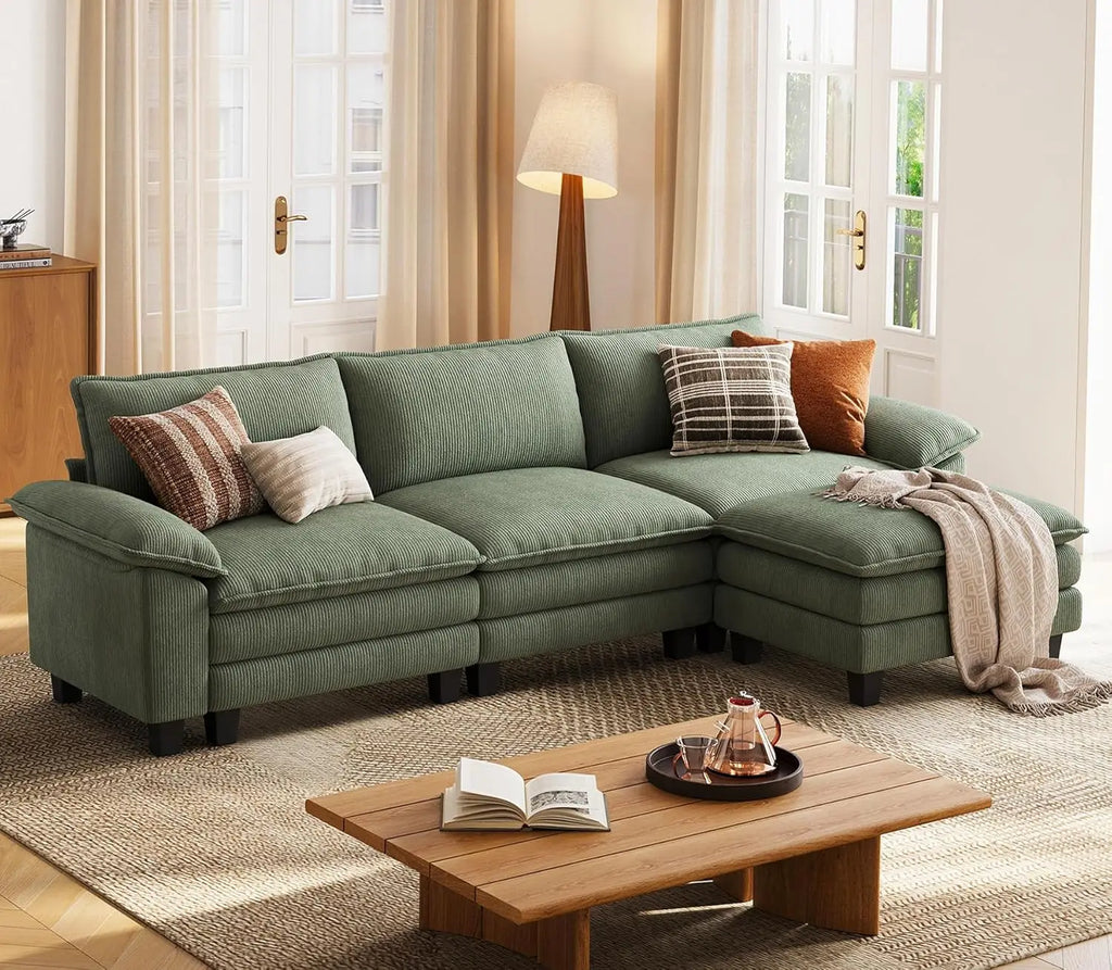 123'' Modular Sectional Green Corduroy