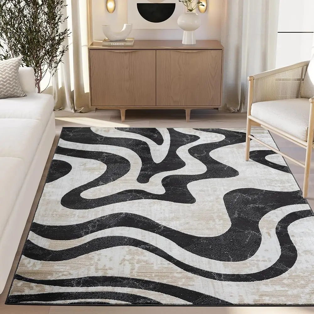 4x6 Beige/Black Swirl Modern Abstract