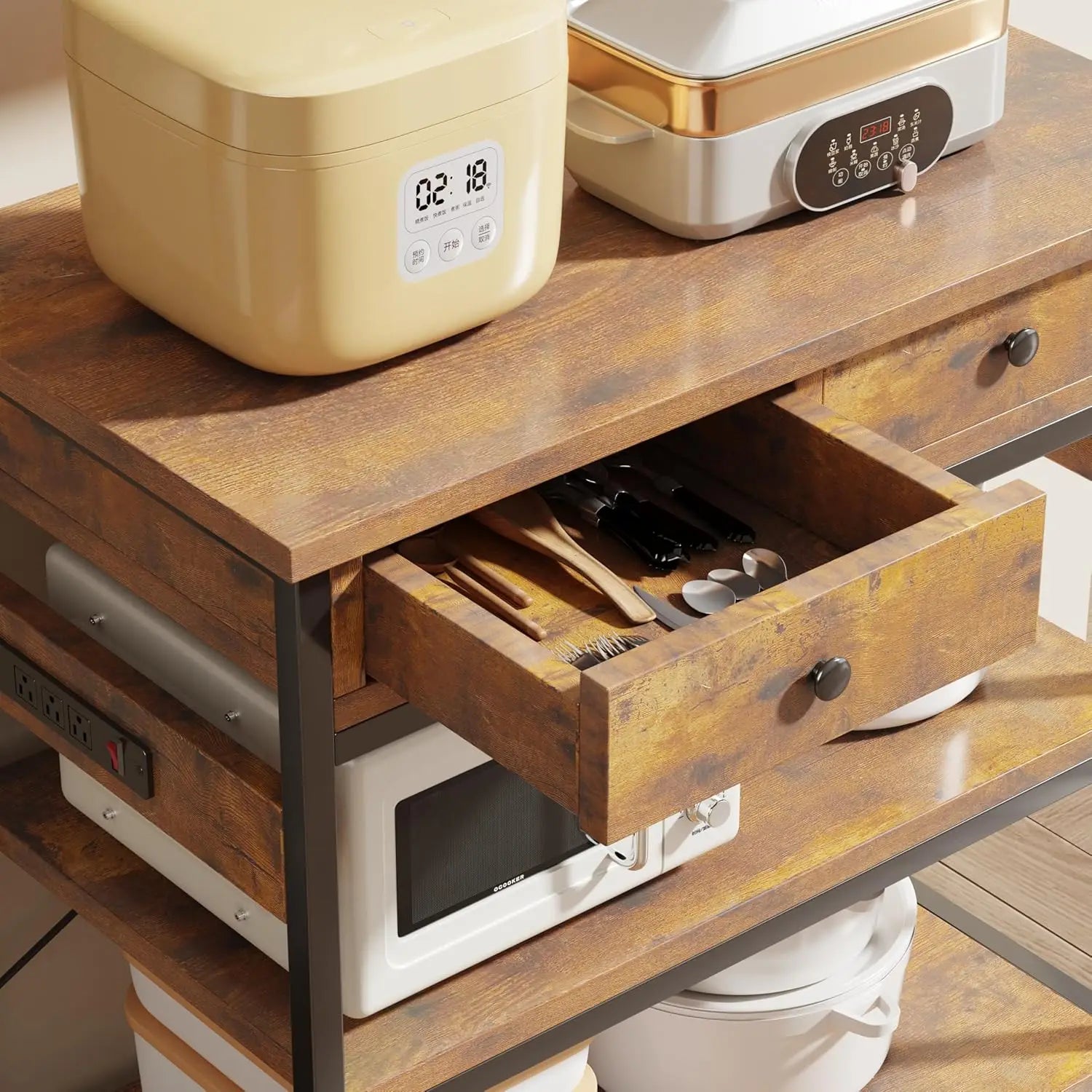 Bakers Rack W/Outlets/5-Tier/MW Stand/2 Drawer/Coffee Bar
