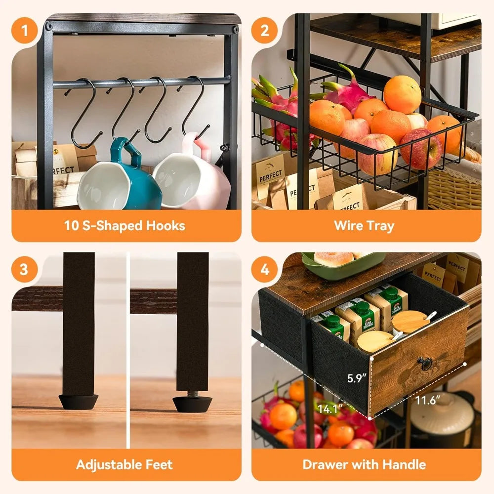 72 Bakers Rack W/Outlet/8-Tier/MW Stand/Coffee Bar