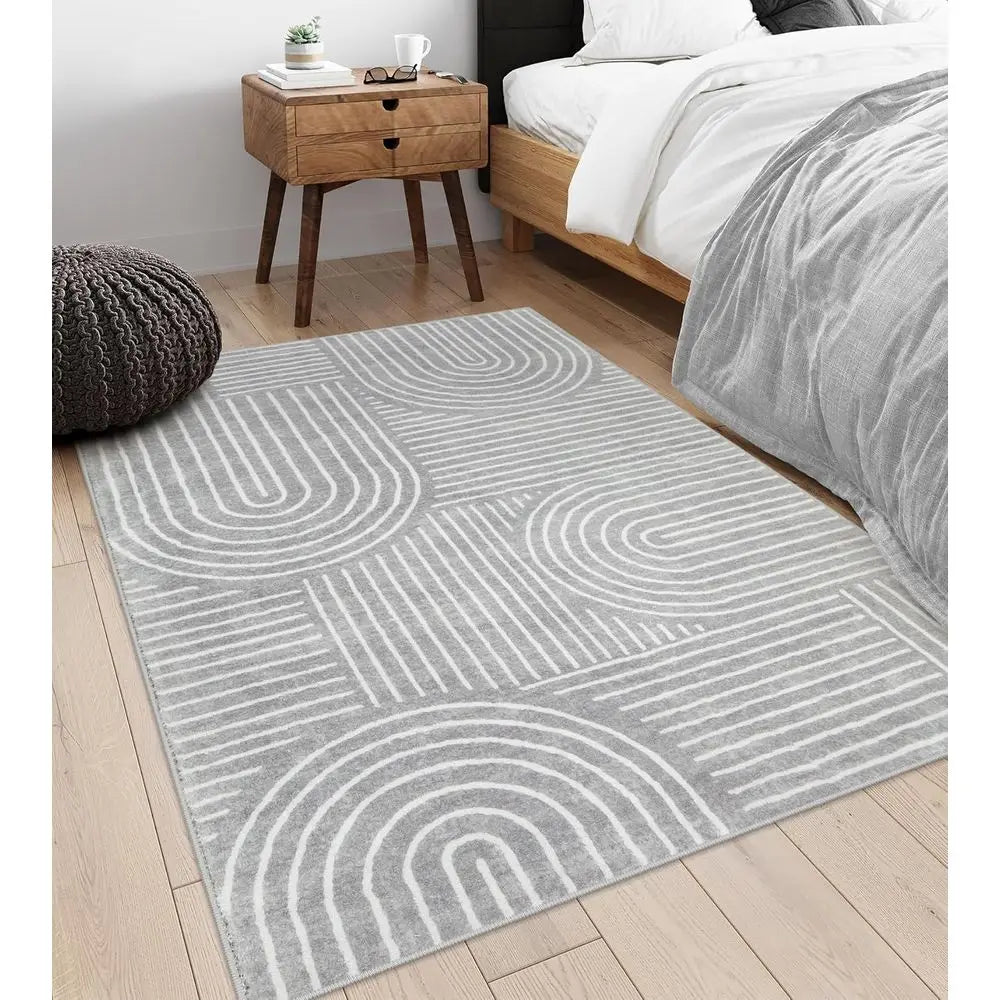 5x7 Gray Washable Geometric Stripe