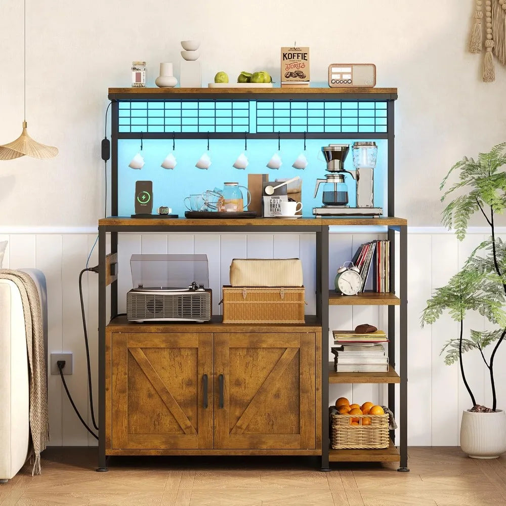 Bakers Rack W/Outlet/MW Stand/Cabinet/Coffee Bar
