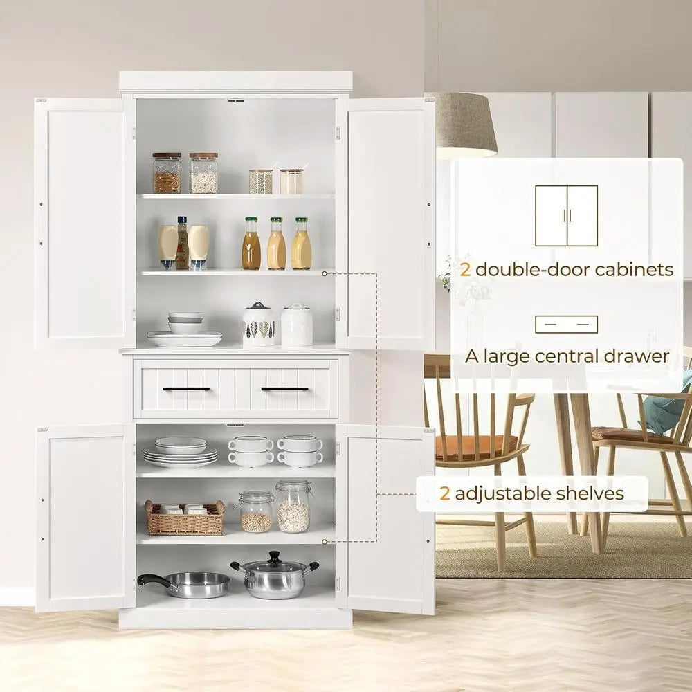 72.5" T White Pantry Cabinet 4 Doors & 2 Adjustable Shelves