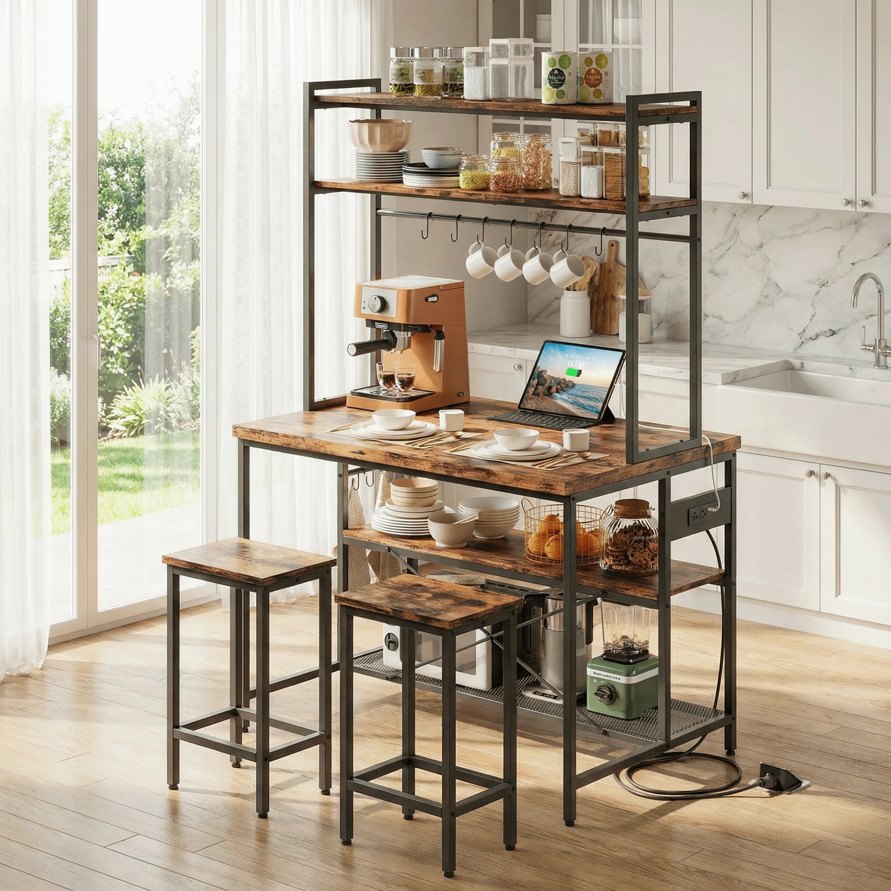 Island w/Stools, Bakers Rack w/Storage Power Outlet