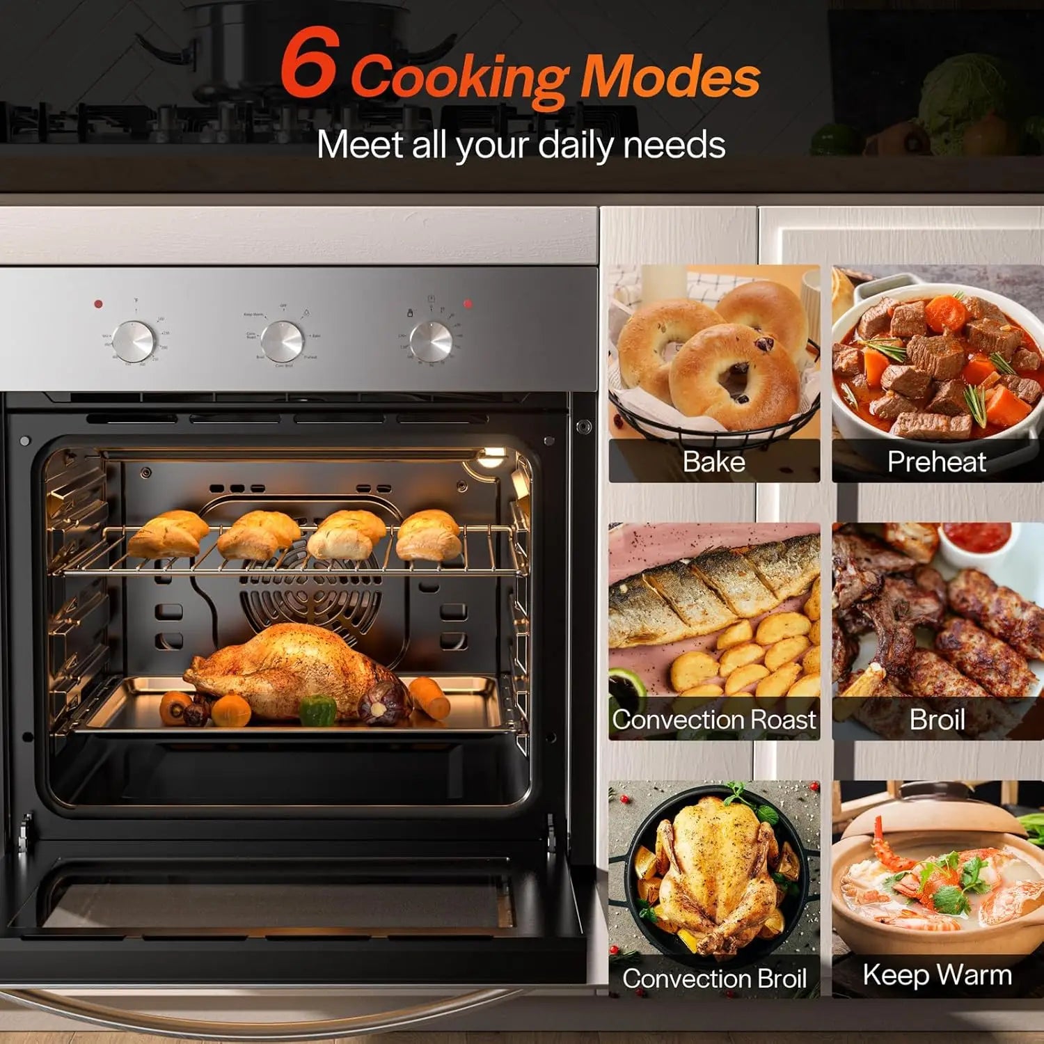 24' Electric Single Wall Oven 6 Cooking Functions