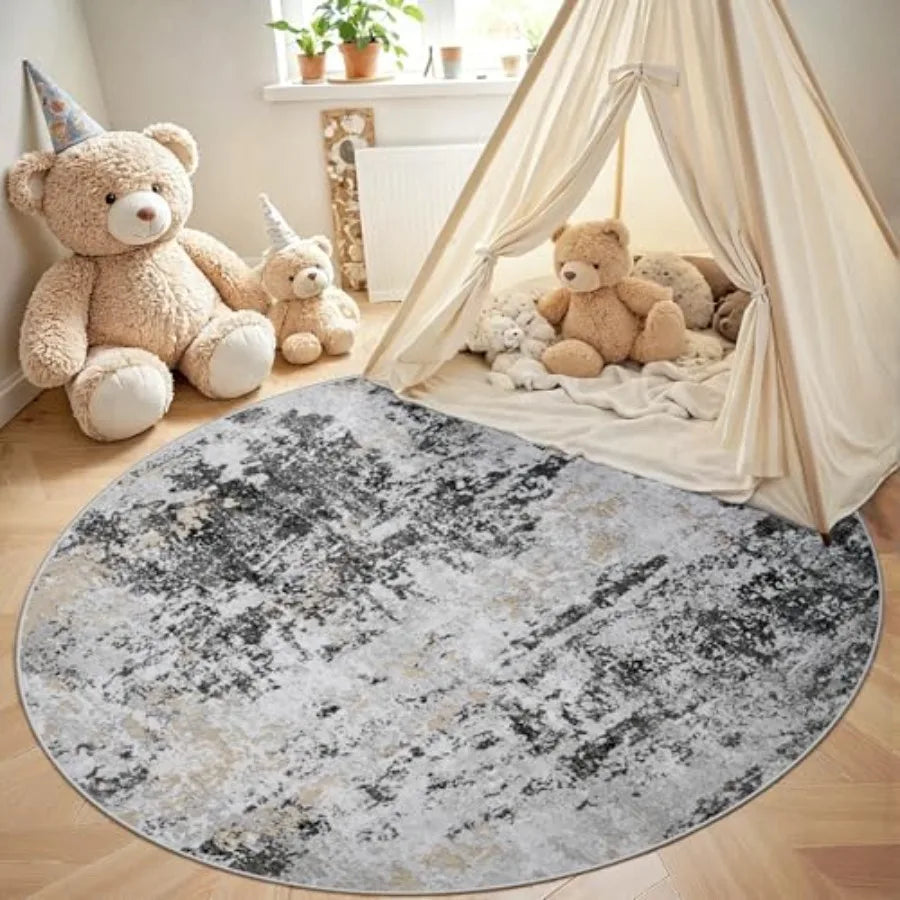 6' Circle Washable Grey/Black