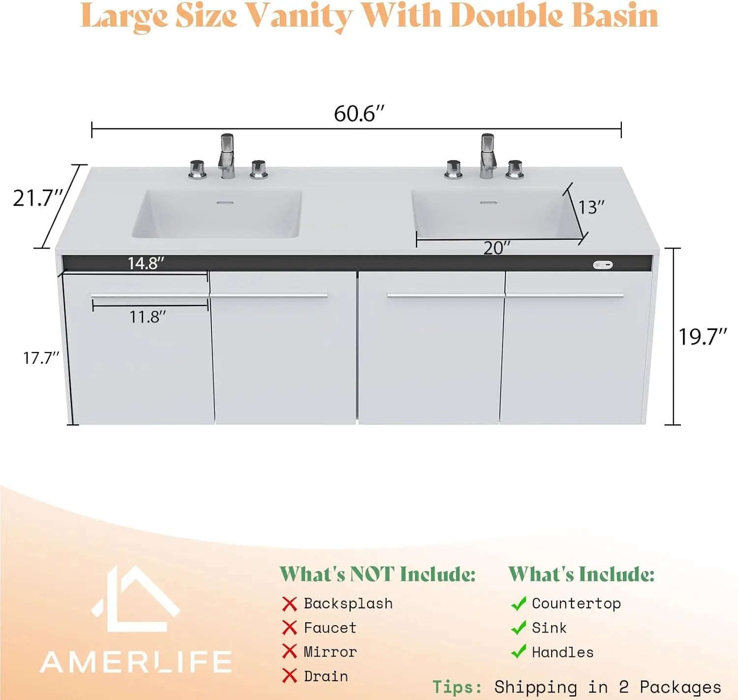 60" LED Floating Bathroom Double Vanity