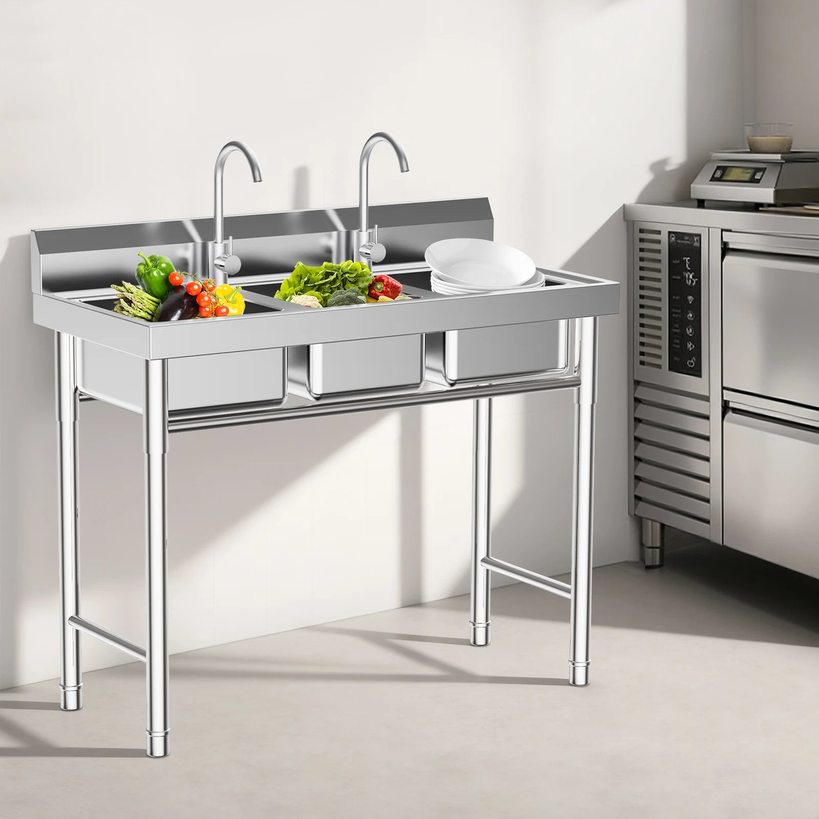3-Compartment Stainless Commercial w/2 Faucets