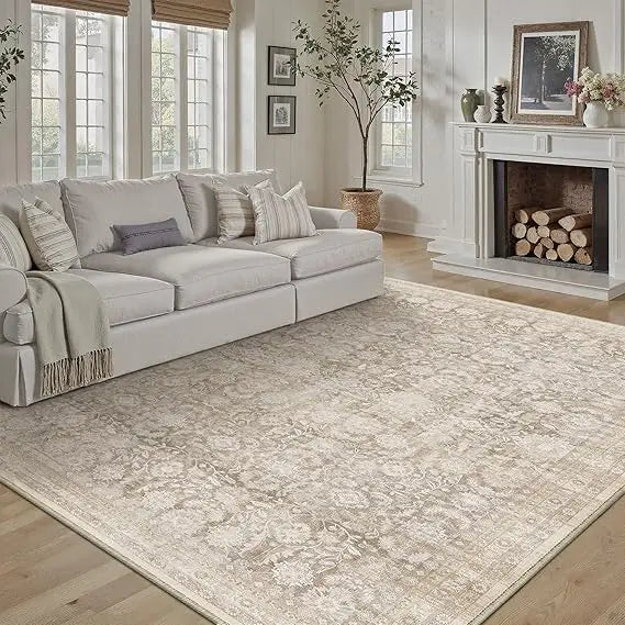Elegant Beige Floral Washable Low Pile