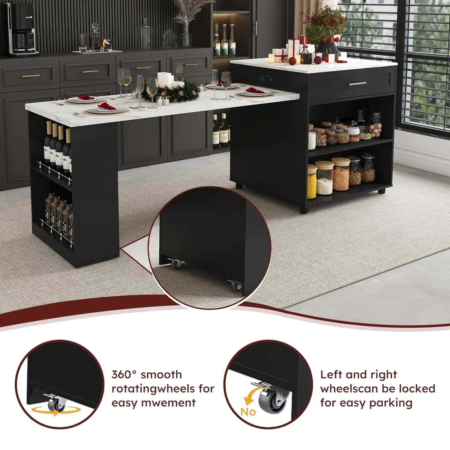80" Island w/Extendable Marble-Grain to Outlet Rolling