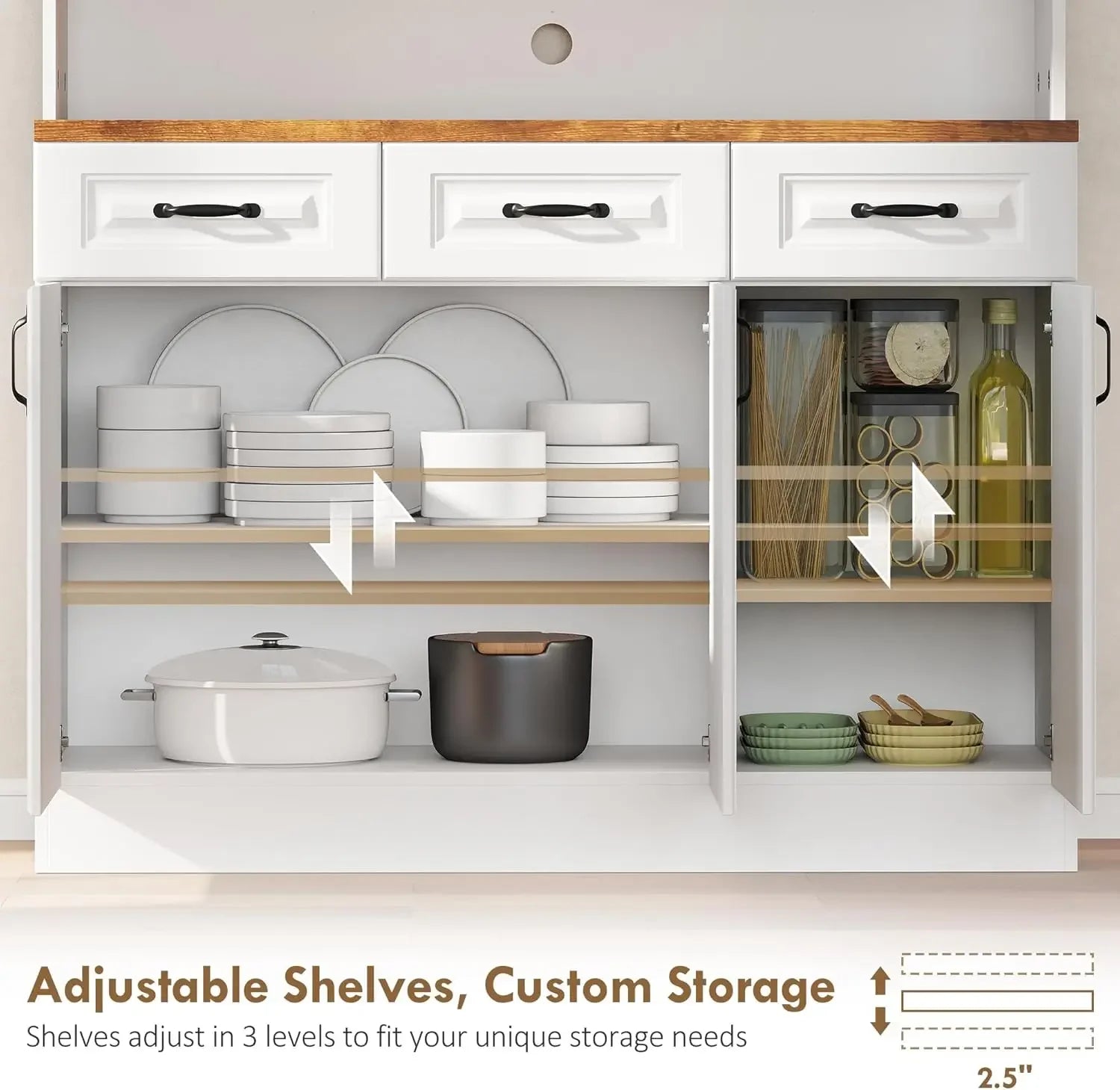 71" Kitchen Pantry, Farmhouse Storage, 2-Tier MW Stand