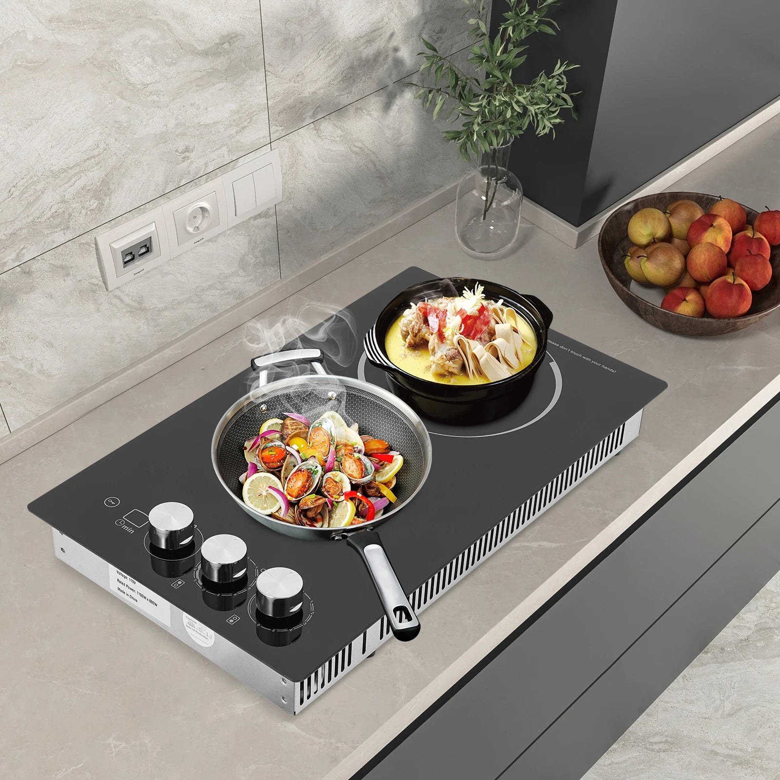 2 Burners Electric Microcrystalline Panel Cooktop,110V