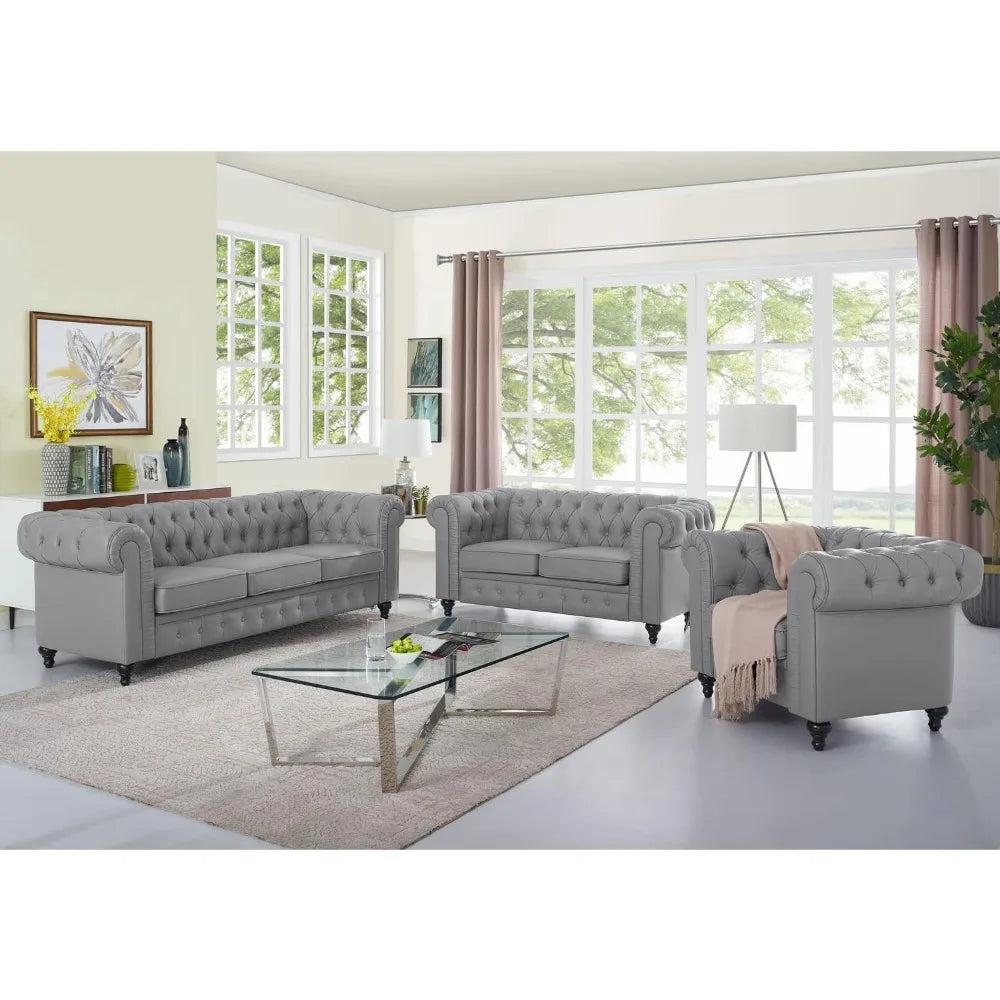 3-Piece Leather Chesterfield Sofa Set