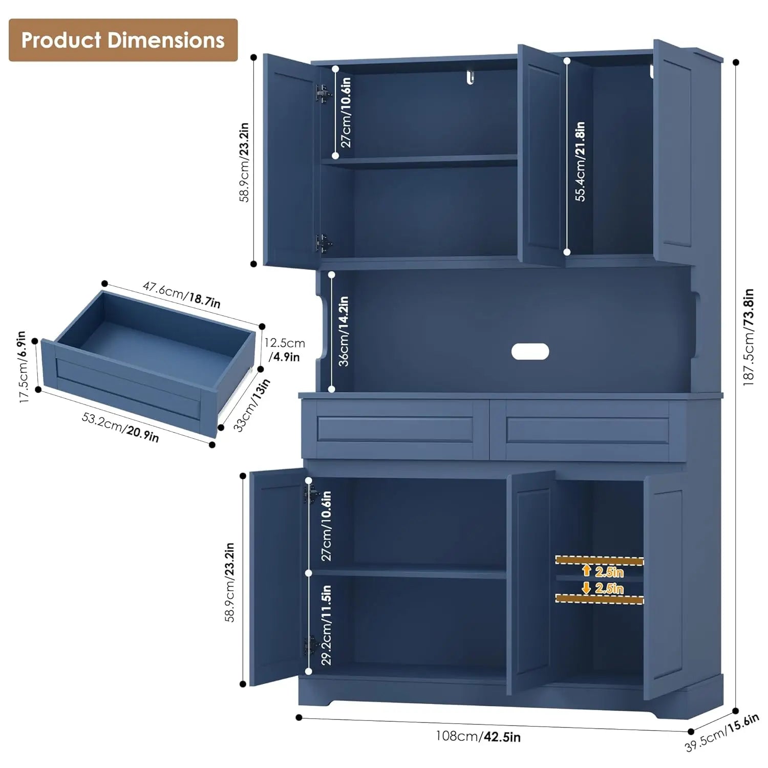 74" Tall Pantry Cabinet 6 Doors 2 Drawers