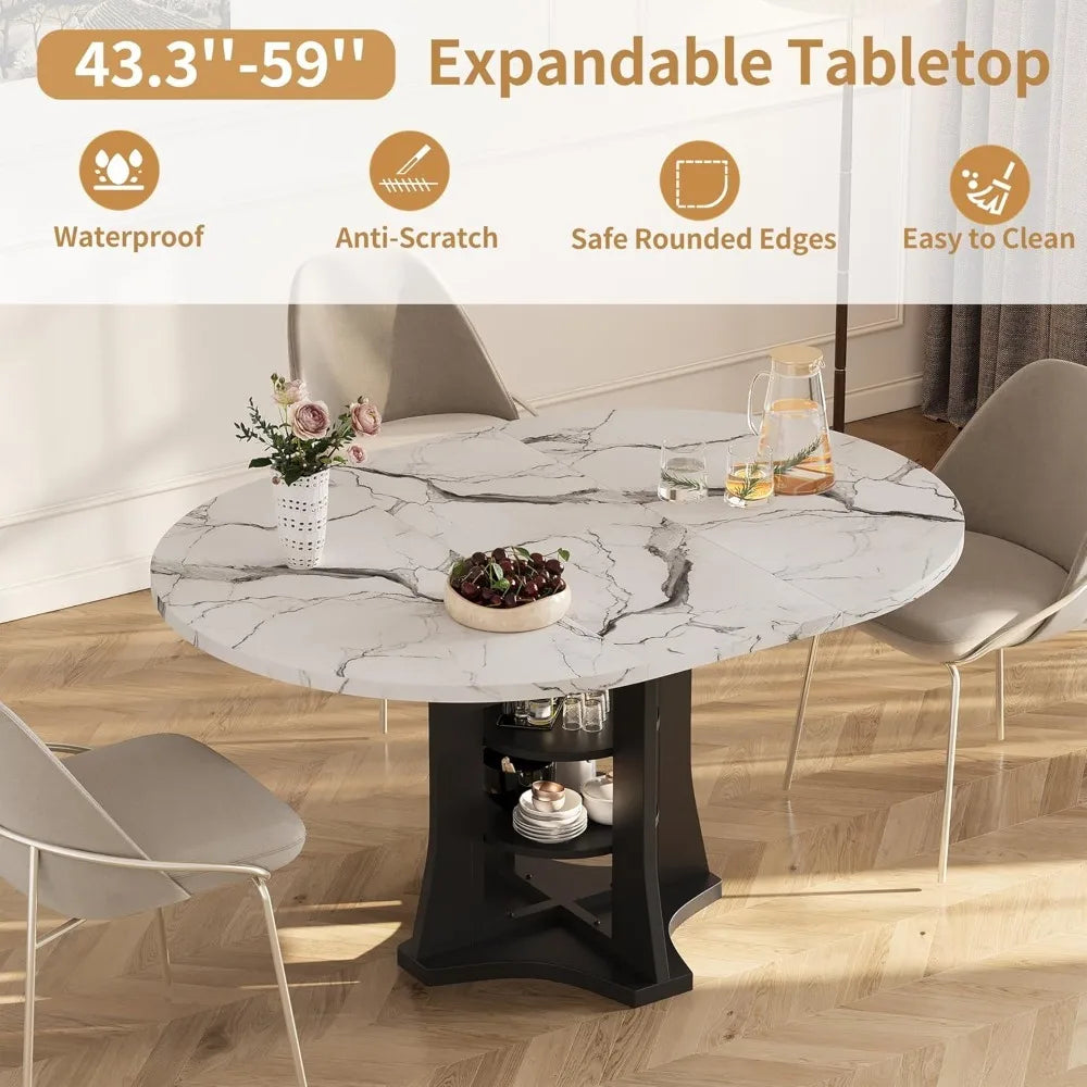 43-69" Extendable for 4-6, White Faux Marble