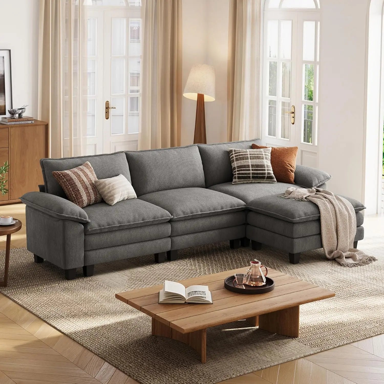 123'' Modular Sectional Green Corduroy