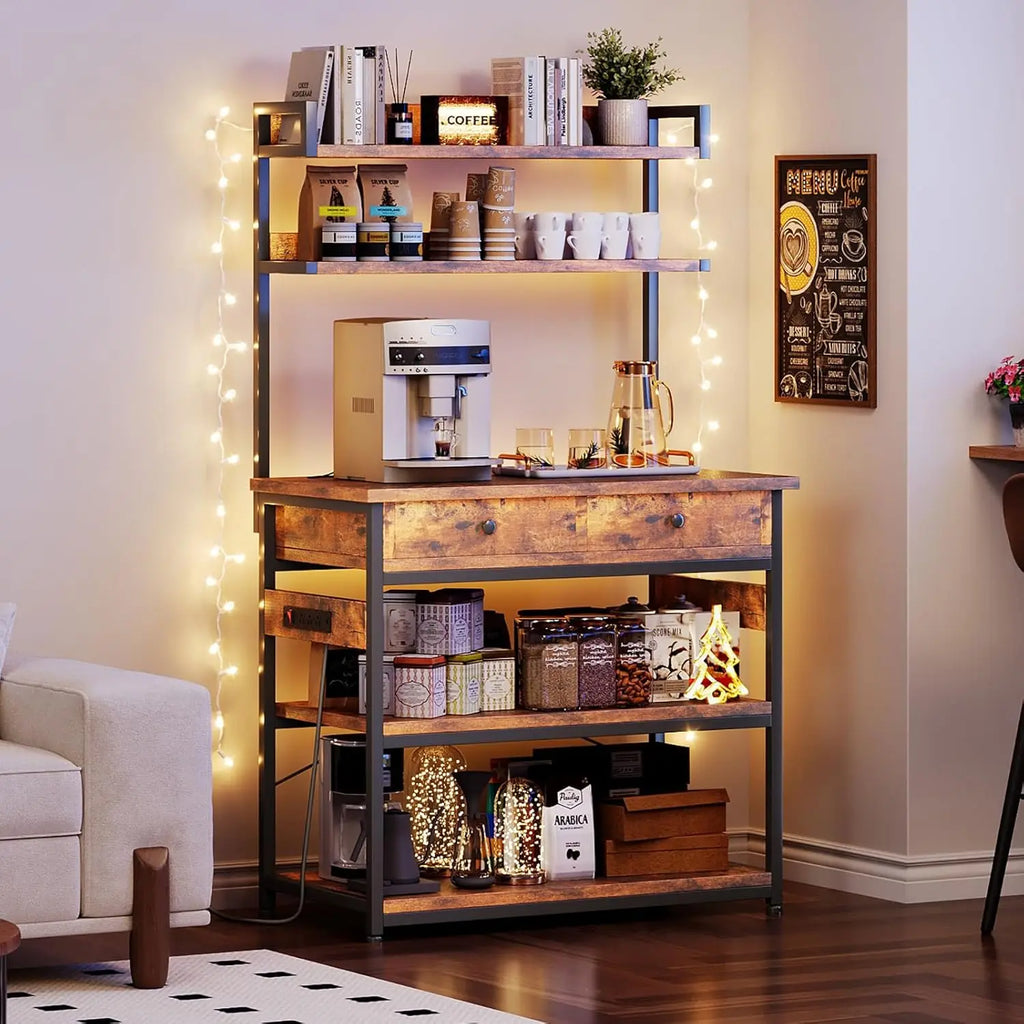 Bakers Rack W/Outlets/5-Tier/MW Stand/2 Drawer/Coffee Bar