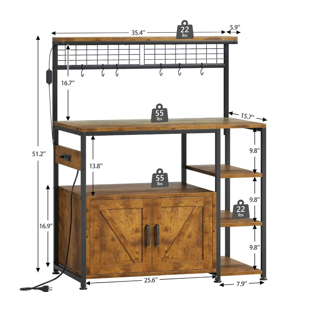 Bakers Rack W/Outlet/MW Stand/Cabinet/Coffee Bar