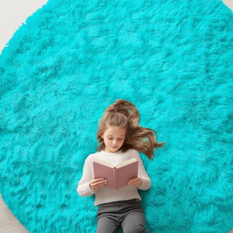 8' Teal Blue Circle Shaggy Washable