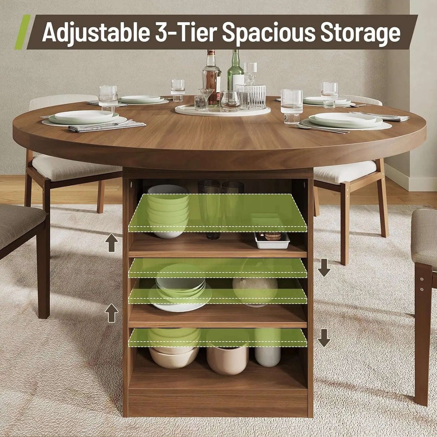43-59" Extendable Round w/3-Tier Storage For4-8