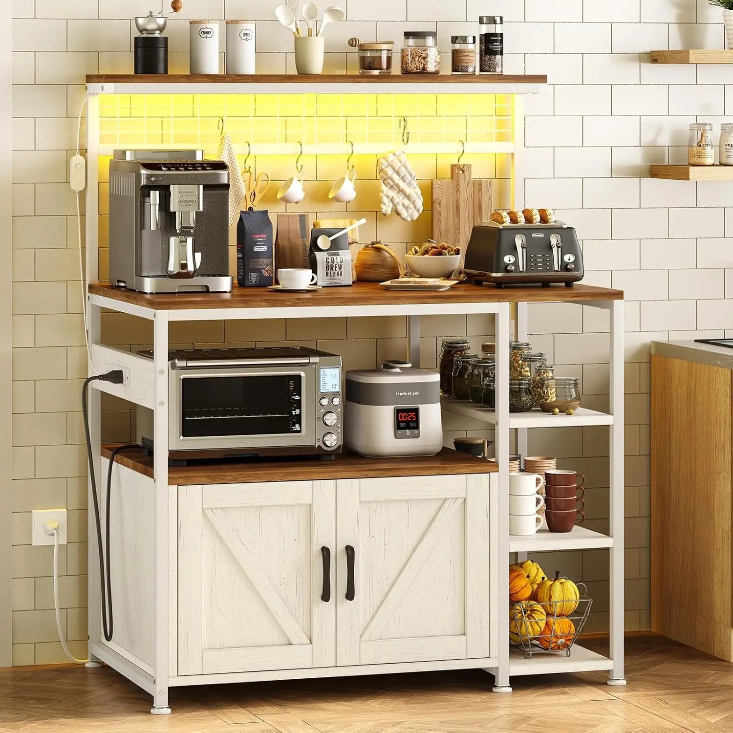 Bakers Rack W/Outlet/MW Stand/Cabinet/Coffee Bar