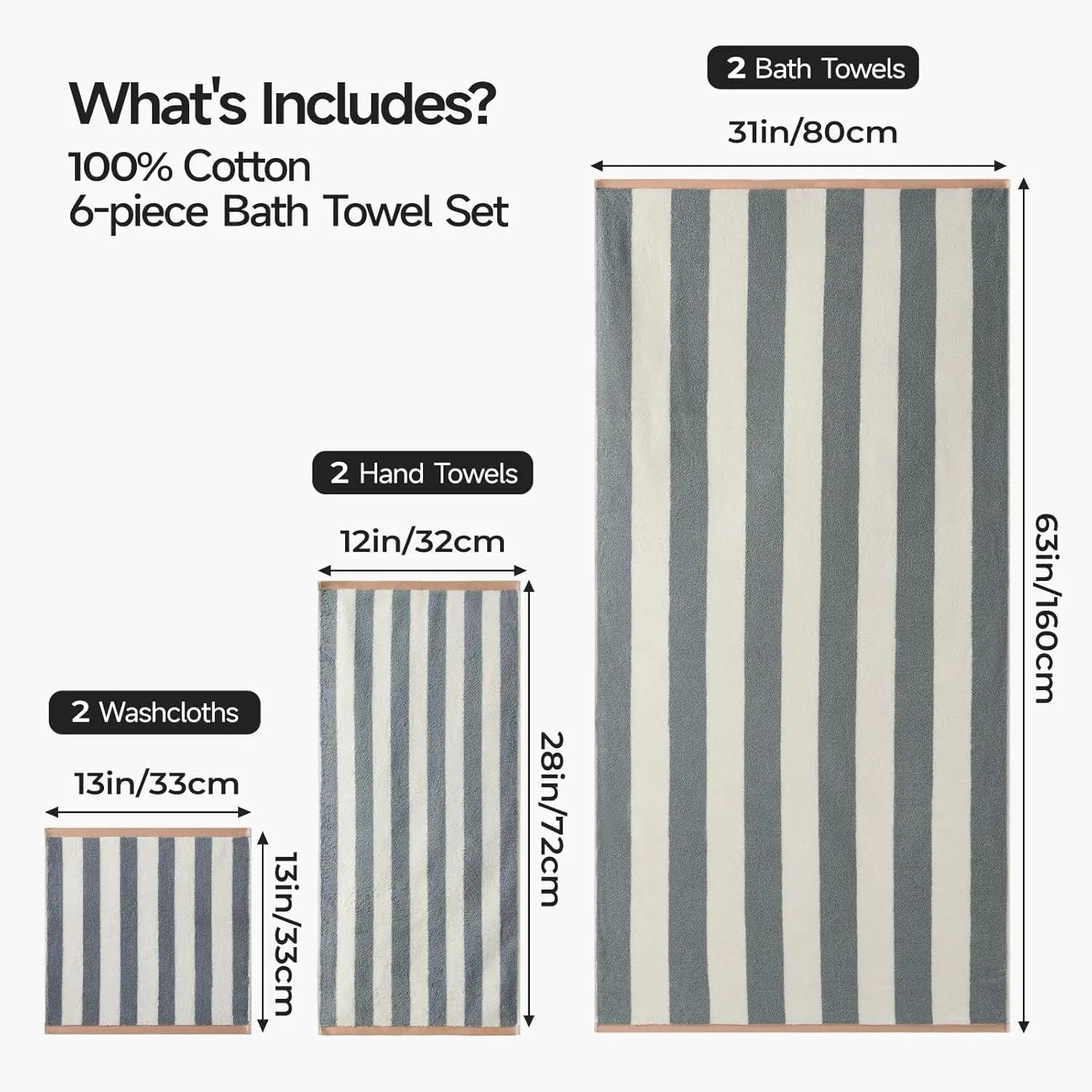 6 pc Set, Super Soft & Absorbent, Reversible Striped
