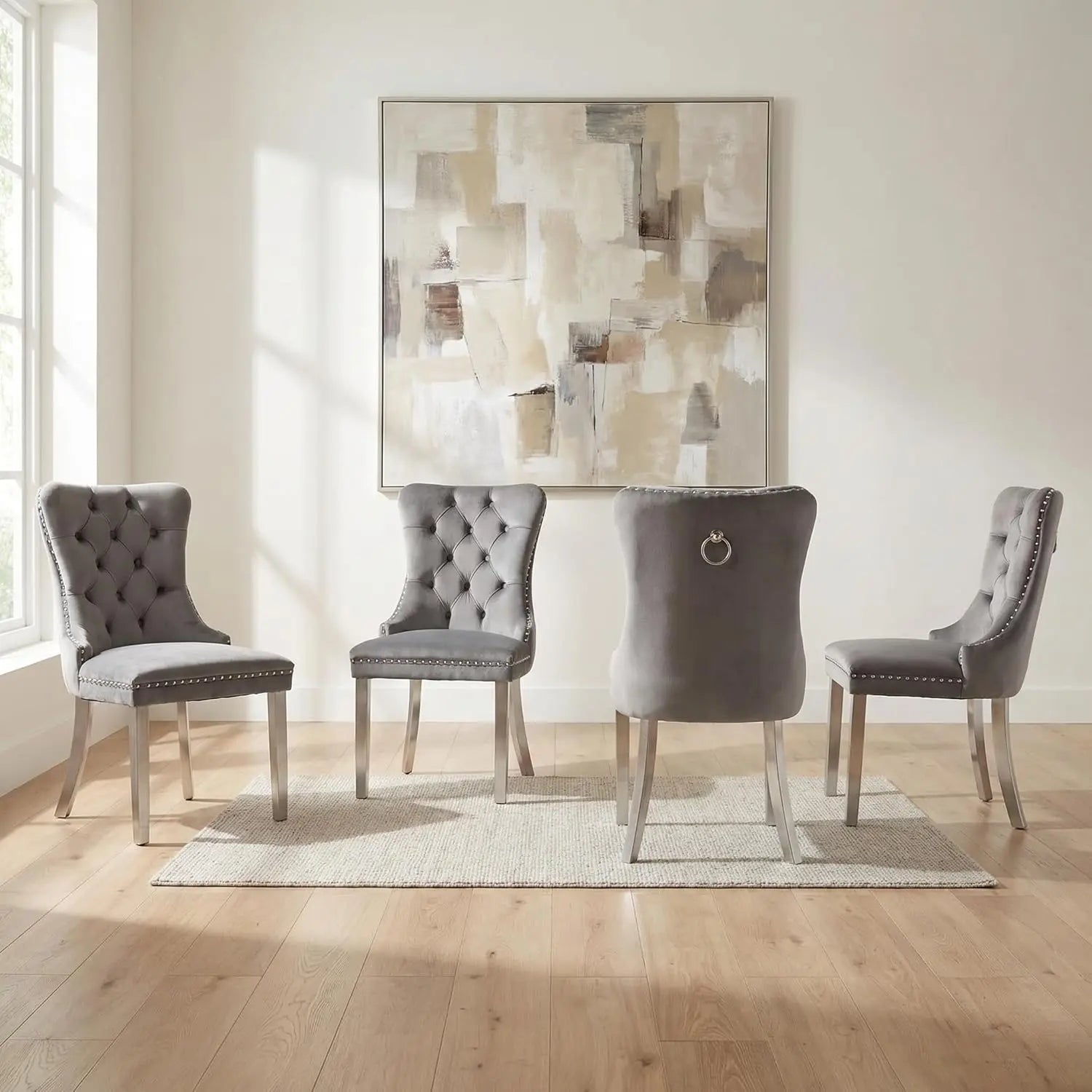 4 Modern Tufted Upholstered Beige Velvet