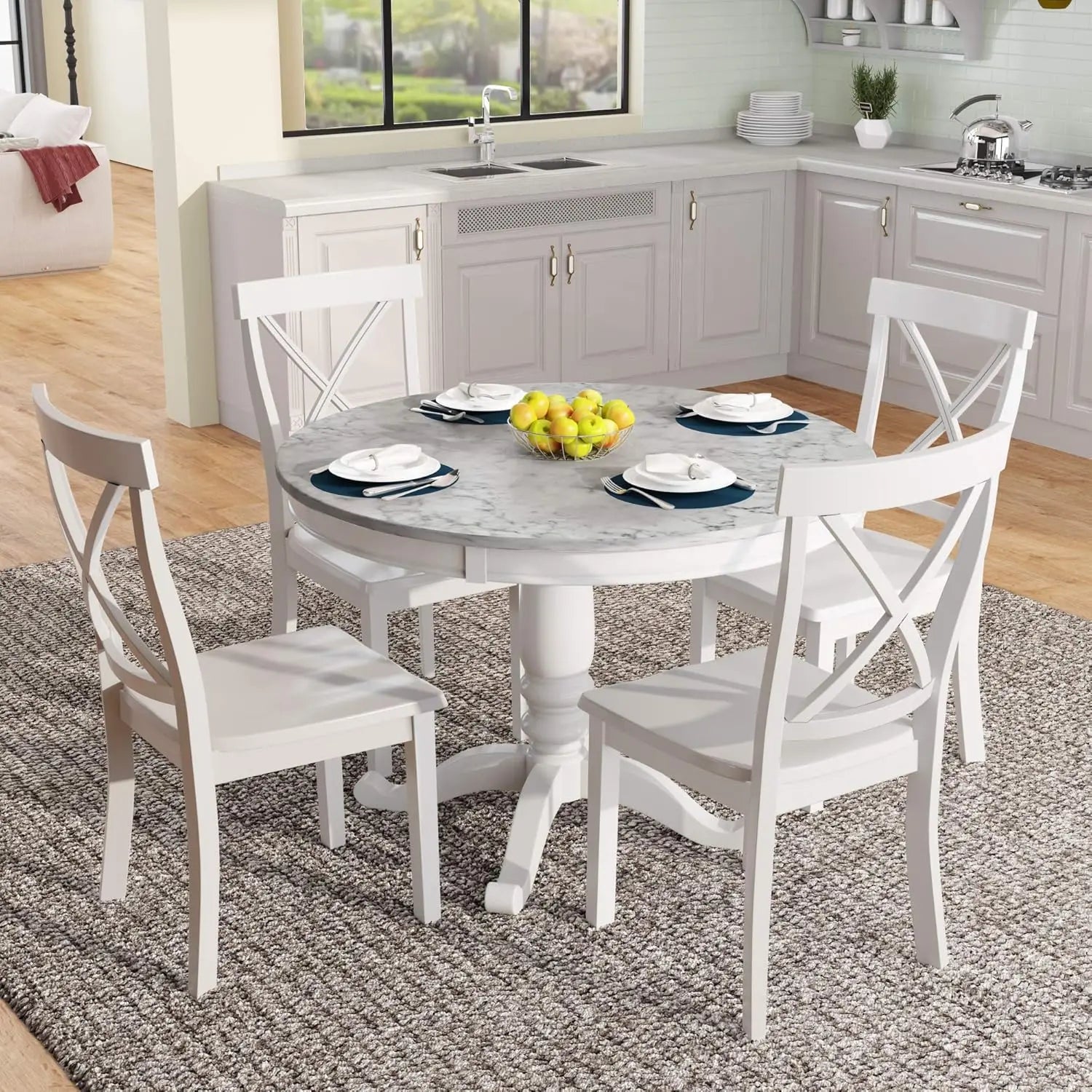 42-58" Farmhouse Set Extendable Wood w/4 Upholstered Chairs