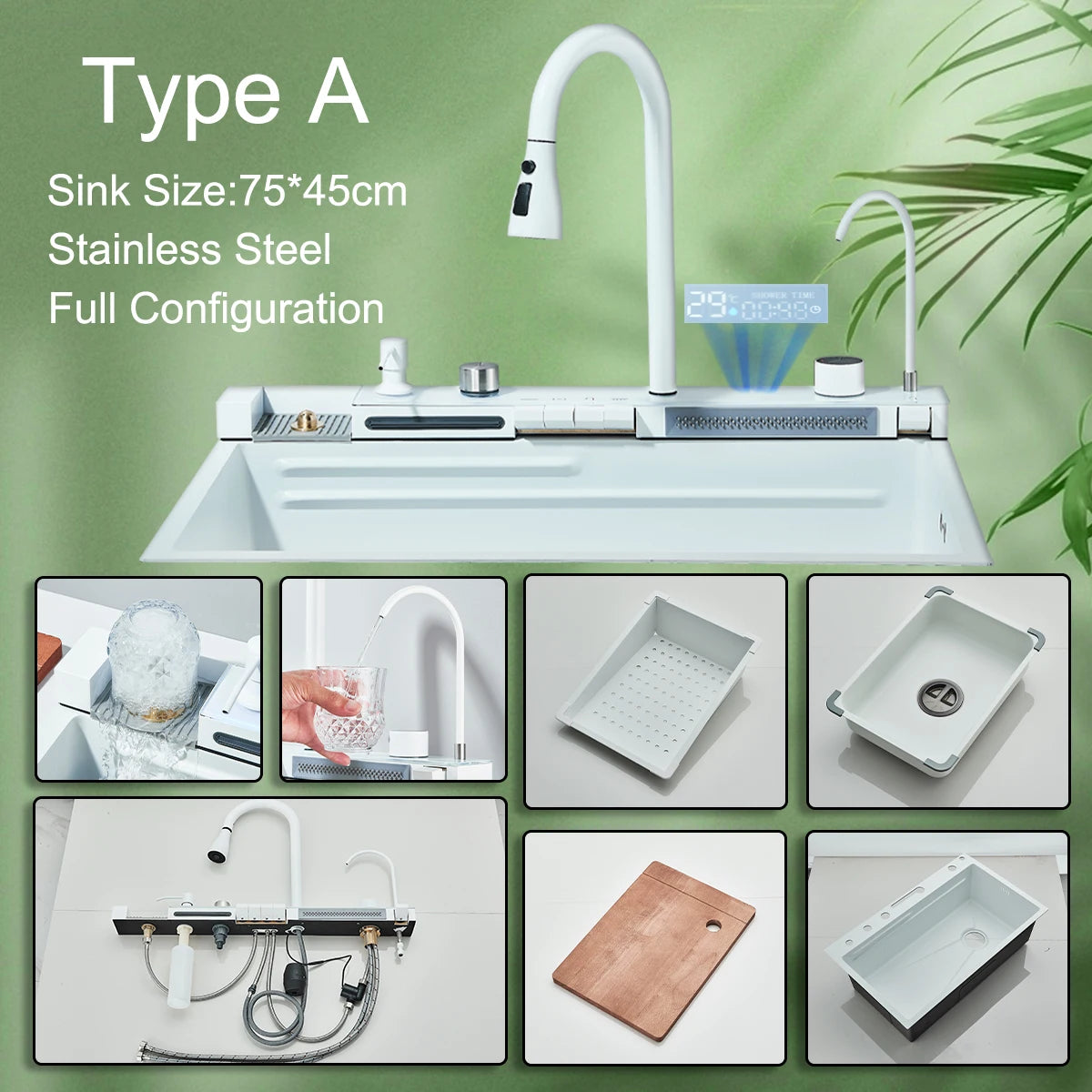 White Stainless Waterfall Digital Display Faucet