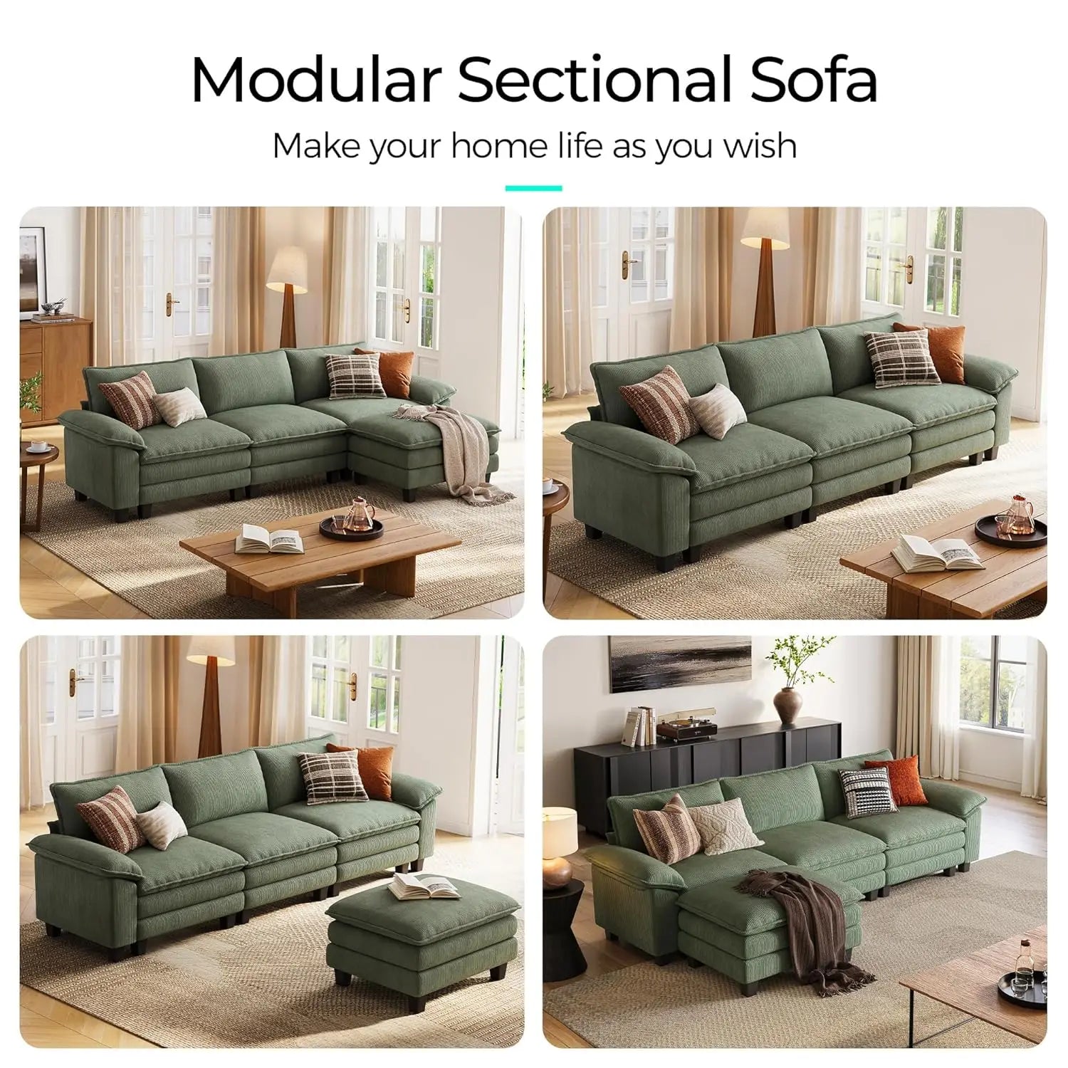123'' Modular Sectional Green Corduroy