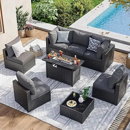 8-Piece Whicker Patio Set W/Fire Pit
