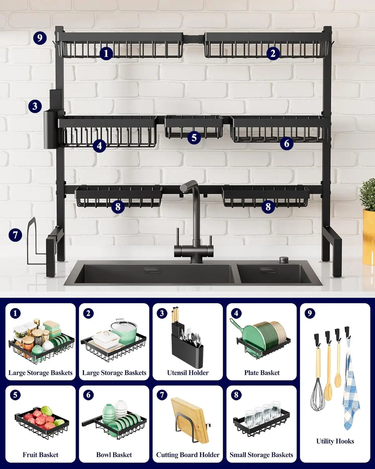 Adjustable Over-Sink Dish Rack with 3 Tiers