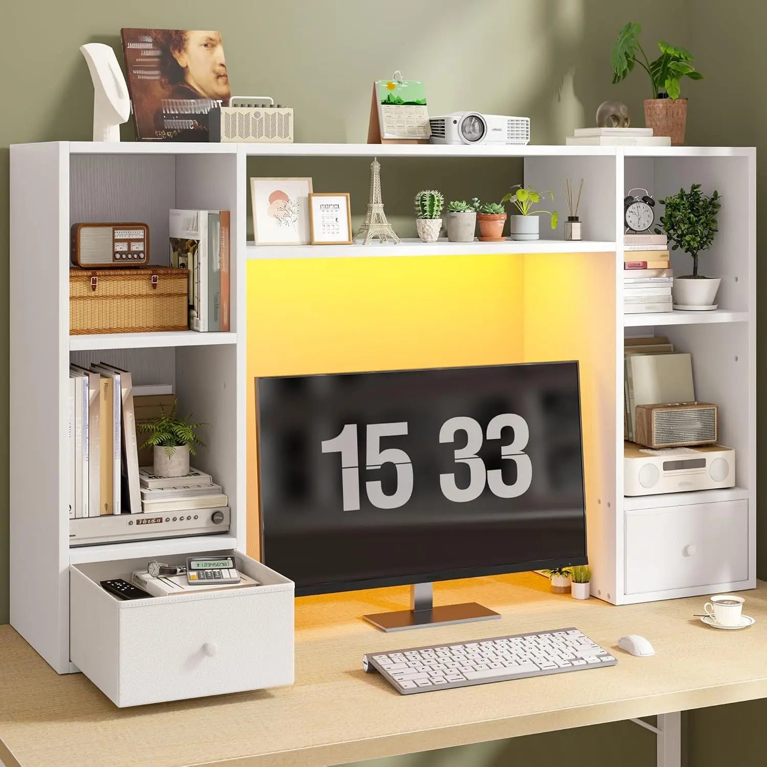 Bookshelf W/ LED Light/47.2"/Organizer 6 Shelves 2 Drawers