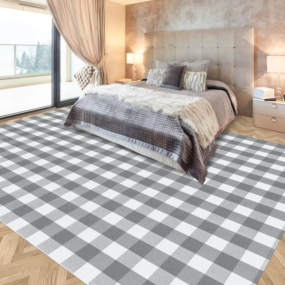 8x10 Grey/White Check Washable Indoor/Outdoor