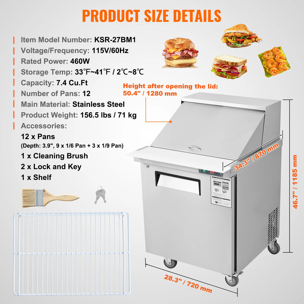 7.4 CF 28" Commercial Refrigerator Sandwich/Salad Prep Table