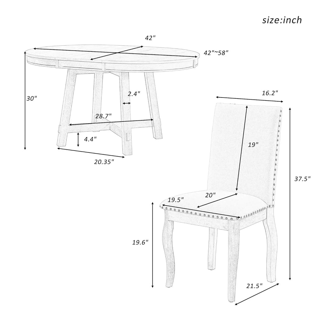42-58" Farmhouse Set Extendable Wood w/4 Upholstered Chairs