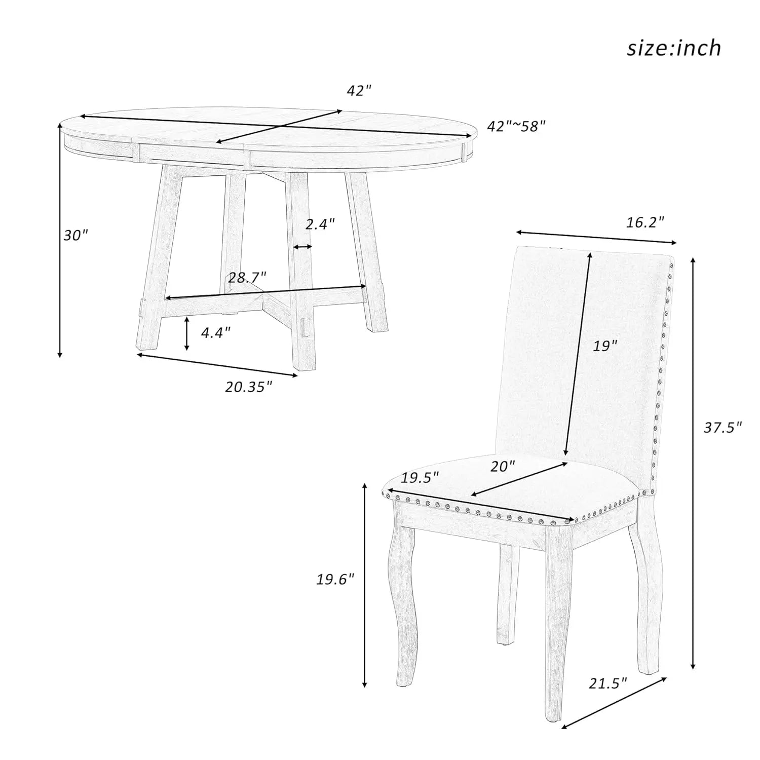 42-58" Farmhouse Set Extendable Wood w/4 Upholstered Chairs