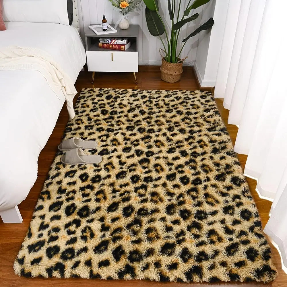 5x8 Khaki Fluffy Leopard Cheetah