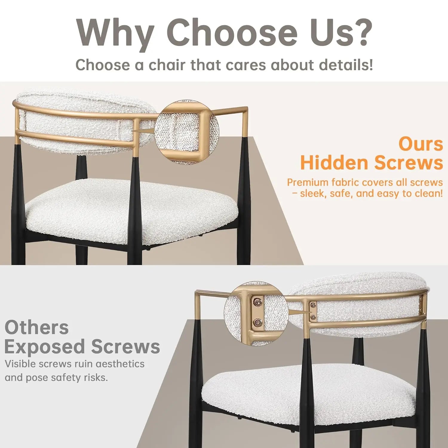 2 Modern Upholstered Boucle Gold Arms & Black