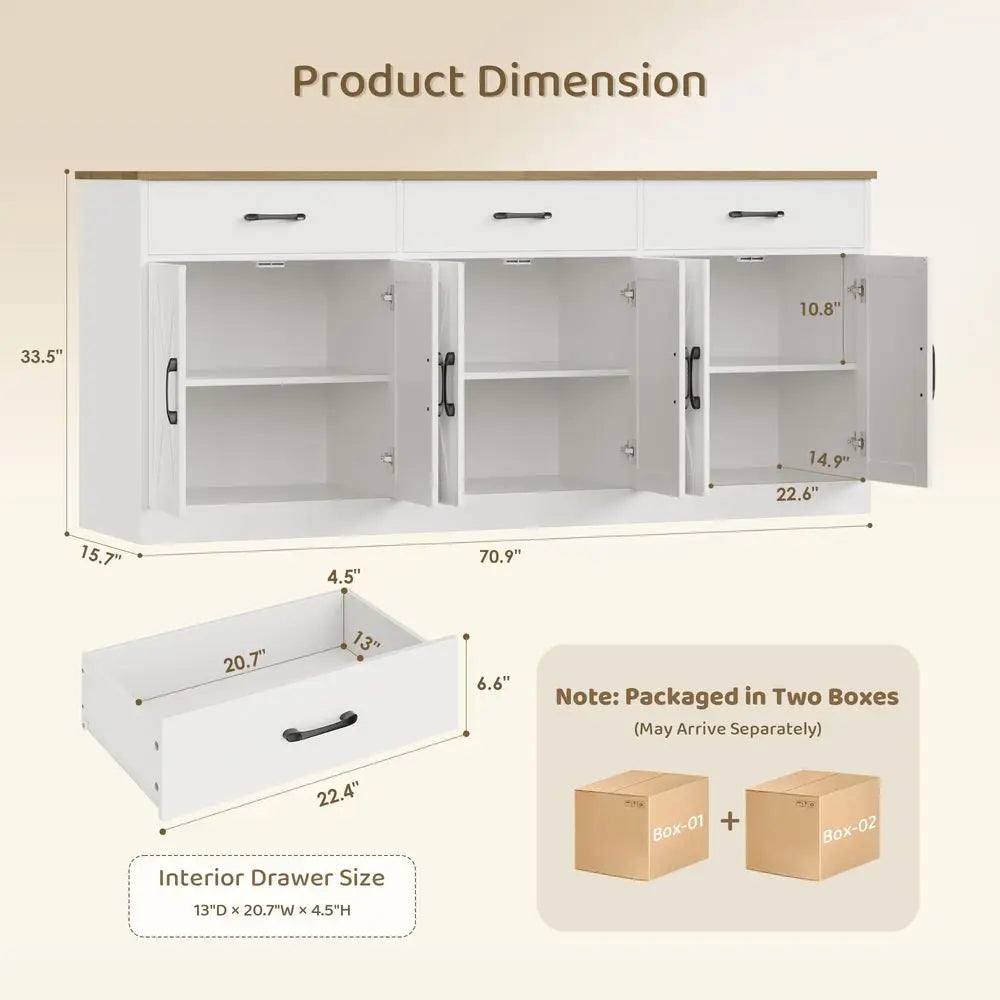 71 Large Sideboard Buffet Cabinet Storage, Farmhouse