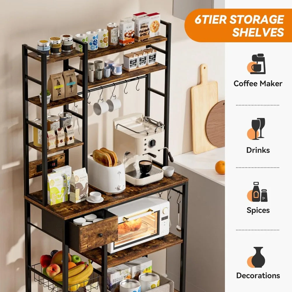 72 Bakers Rack W/Outlet/8-Tier/MW Stand/Coffee Bar