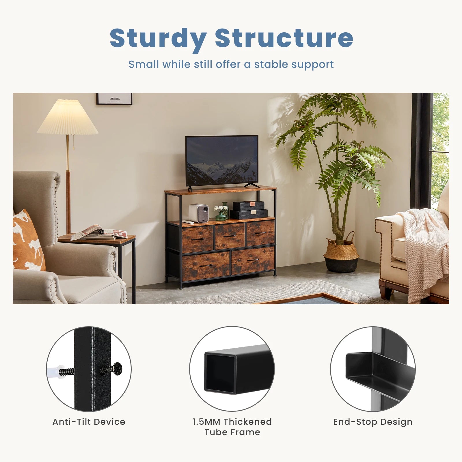 TV Stand/Dresser With 5 Fabric Drawers