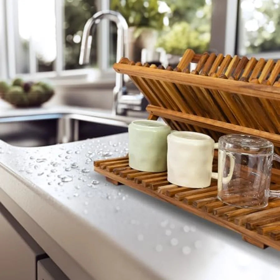 3 Tier Collapsible Teak Wood Dish Rack