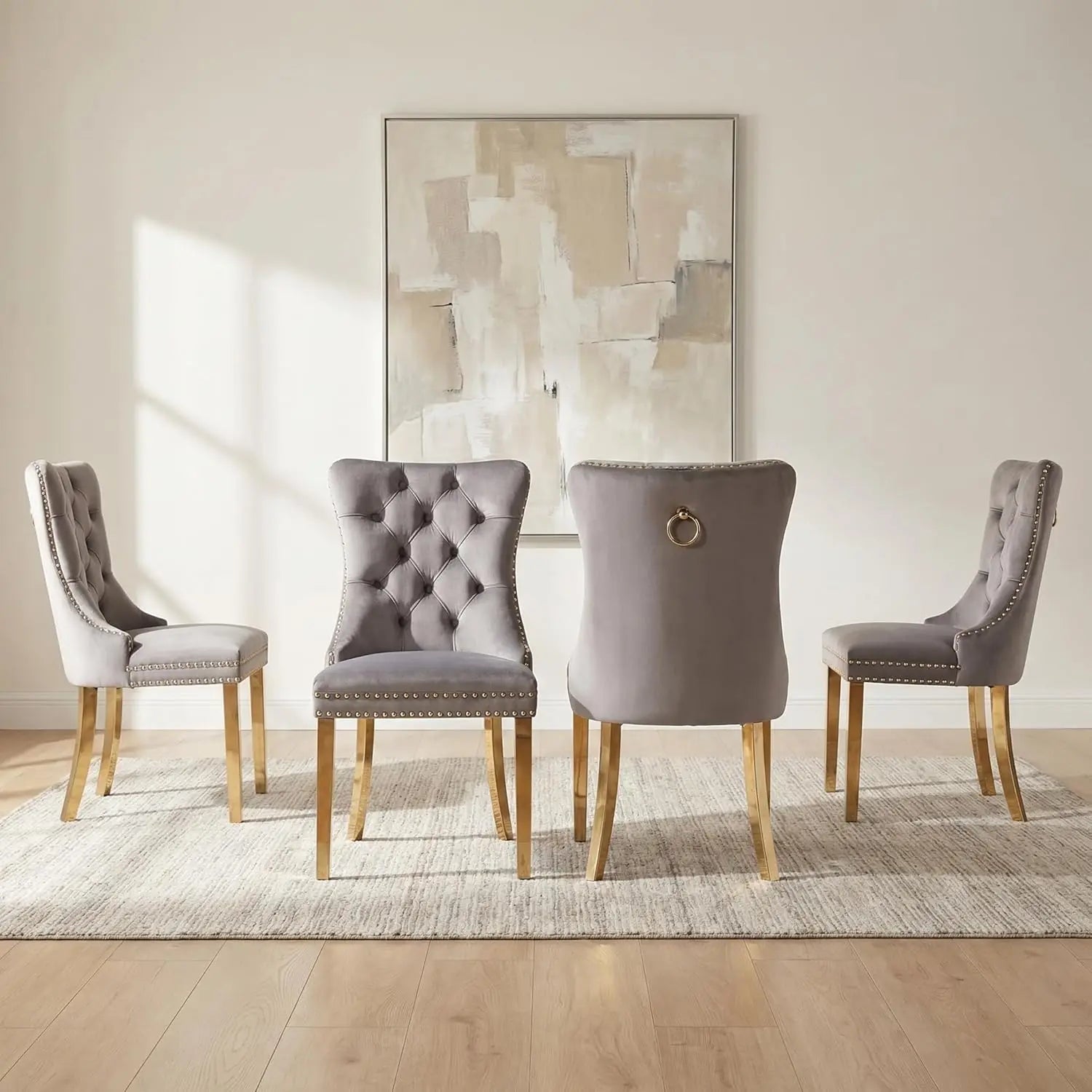 4 Modern Tufted Upholstered Beige Velvet