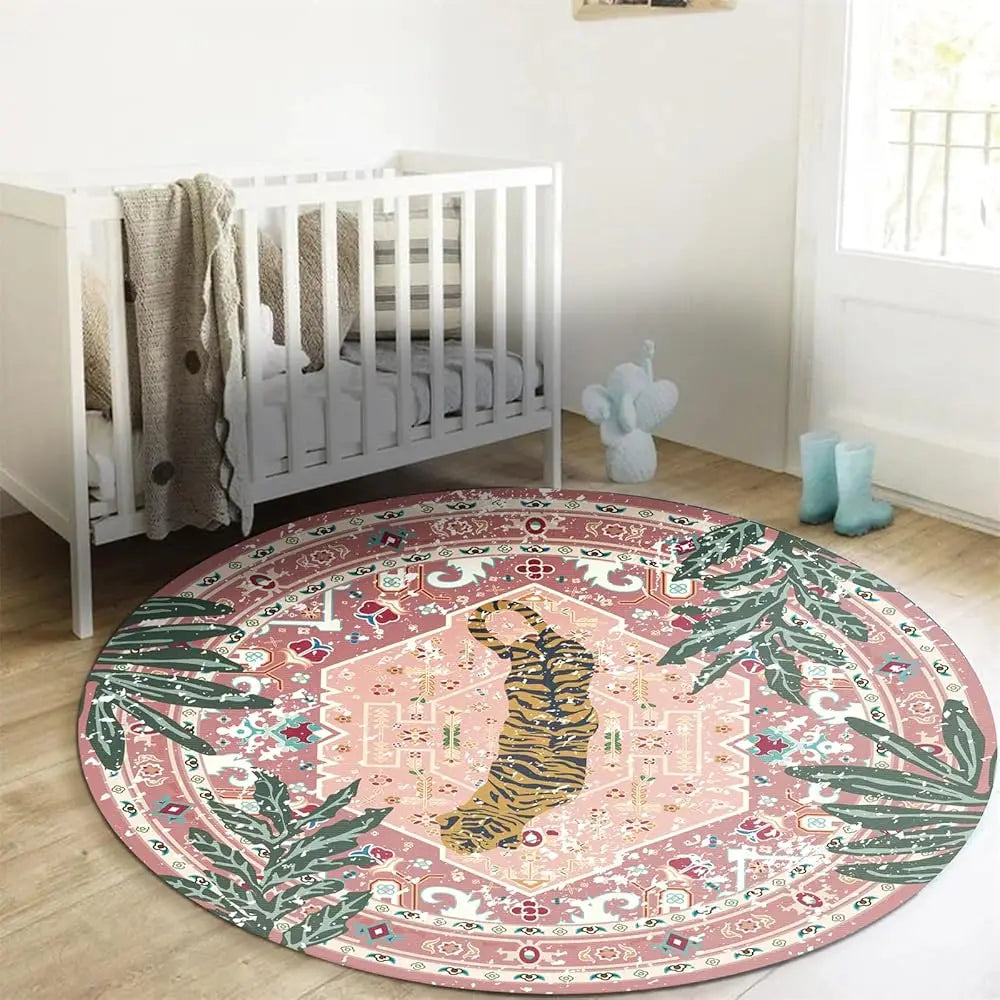 6' Circle Washable Pink Oriental Leopard